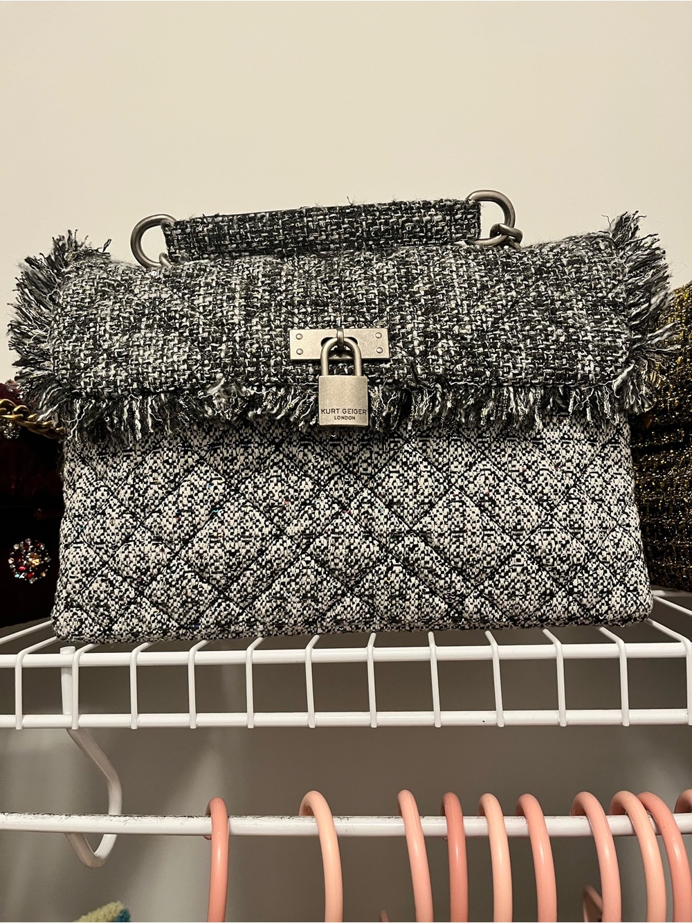 Kurt Geiger Black & White Tweed Fringe-Trim Shoulder Bag